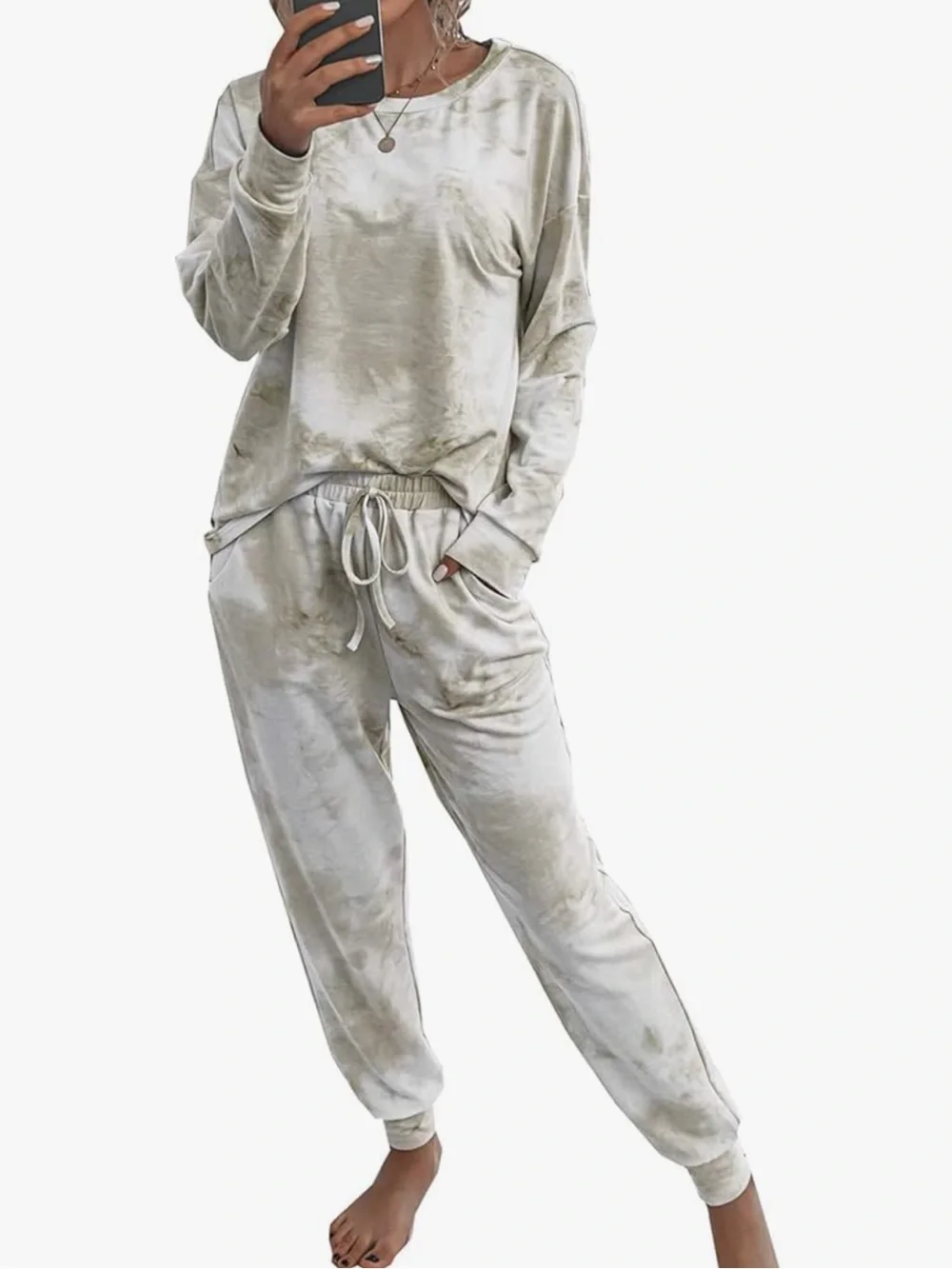 Women's Two Piece Loungewear Casual Tie-Dye Set - Cream Matching Outfit - Picture 3 of 6